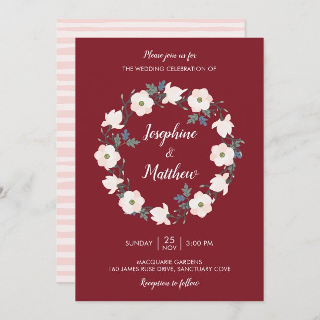 Invitación Boda de Rubor Floral Wreath Bugundy (Anverso / Reverso)