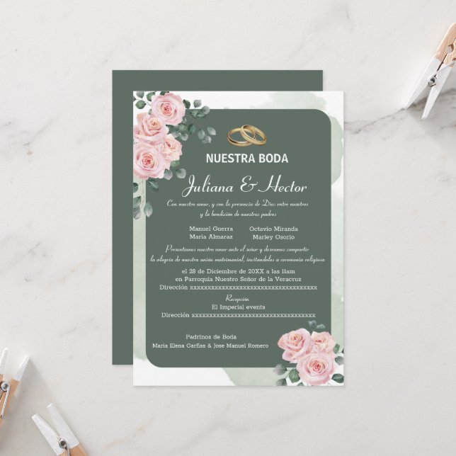 Invitación Boda de Rubor Green Florals (Anverso/Reverso In Situ)