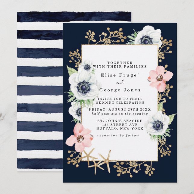 Invitación Boda de Rubor Marina Nautical Blooms Naval (Anverso / Reverso)