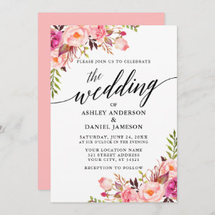 Invitación Boda de Rubor rosa floral caligrafía moderna