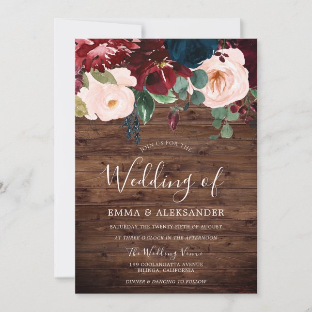 Invitación Boda de Rubor Rustic Wood Burgundy Red Wine (Anverso)