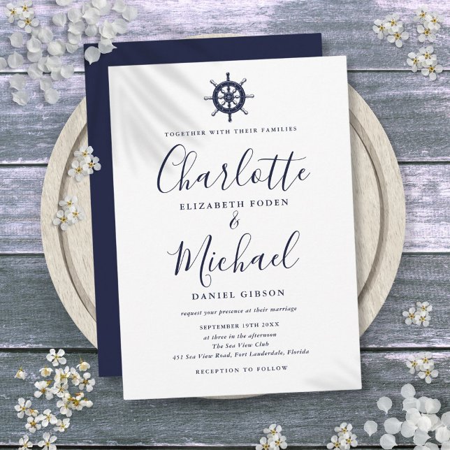 Invitación Boda de Rueda de Barco de la Marina Azul Script (Nautical Ship Wheel Navy Blue Script Wedding Invitation)