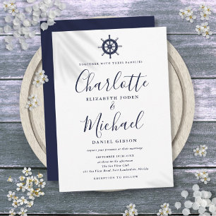 Invitación Boda de rueda de barco náutico azul marino letra
