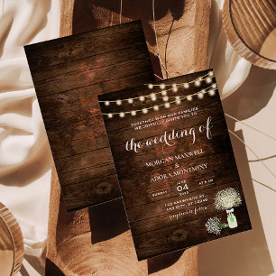 Invitación Boda de Rustic Barn Wood Mason Jar String Lights