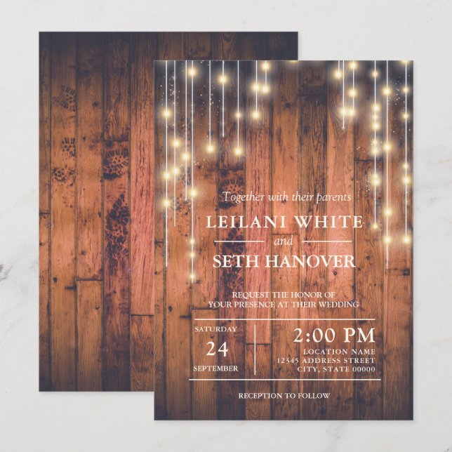 Invitación Boda de Rustic Brown Wood String Lights (Anverso / Reverso)