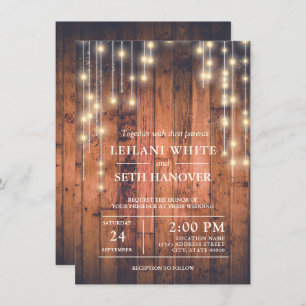 Invitación Boda de Rustic Brown Wood String Lights