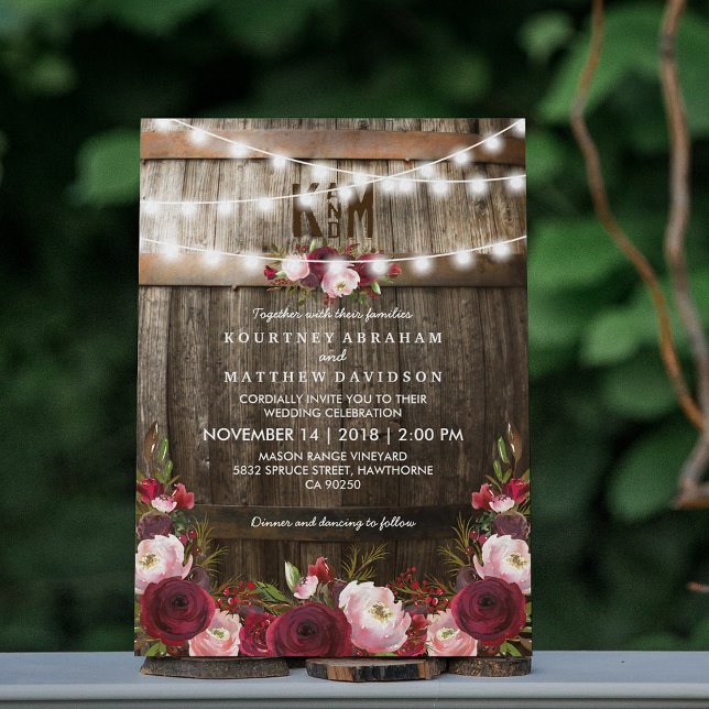 Invitación Boda de Rustic Burgundy Floral String Lights (Subido por el creador)