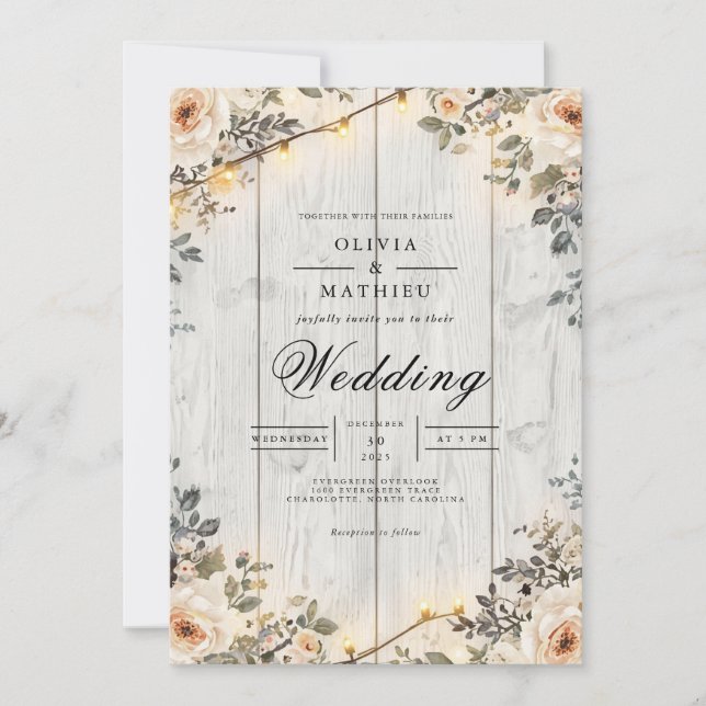 Invitación Boda de Rustic Floral String Lights (Anverso)