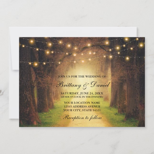 Invitación Boda de Rustic Forest Path String Lights (Anverso)