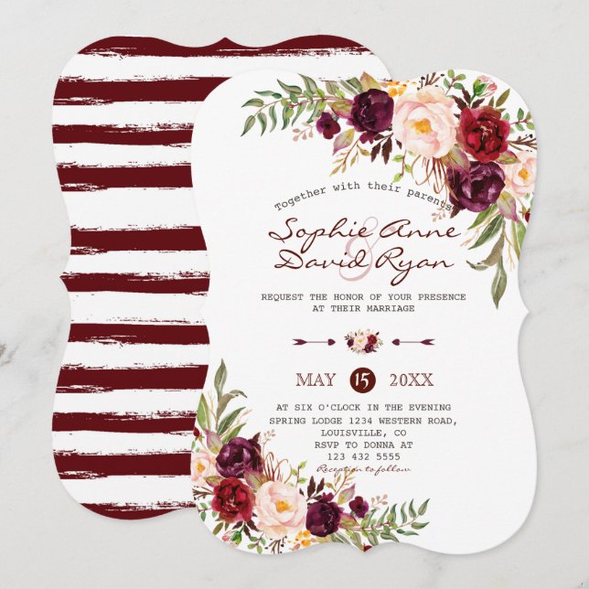 Invitación Boda de Rustic Marsala Floral Burgundy Stripes (Anverso / Reverso)