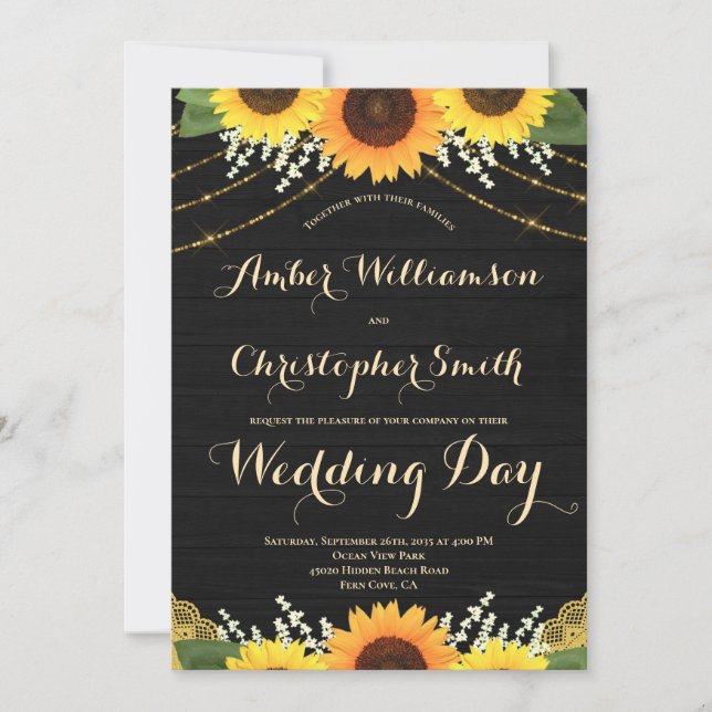 Invitación Boda de Rustic Sunflower Black Wood String Lights (Anverso)