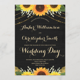Invitación Boda de Rustic Sunflower Black Wood String Lights