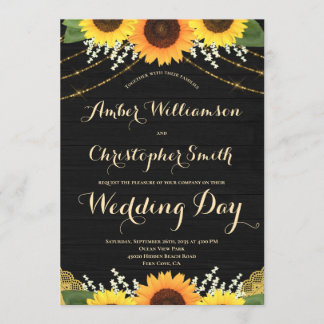 Invitación Boda de Rustic Sunflower Black Wood String Lights