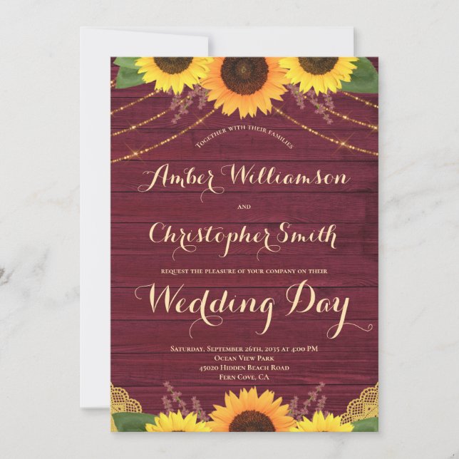 Invitación Boda de Rustic Sunflower Burgundy String ilumina (Anverso)