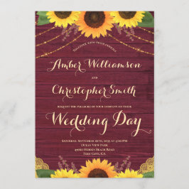 Invitación Boda de Rustic Sunflower Burgundy String ilumina