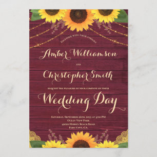 Invitación Boda de Rustic Sunflower Burgundy String ilumina