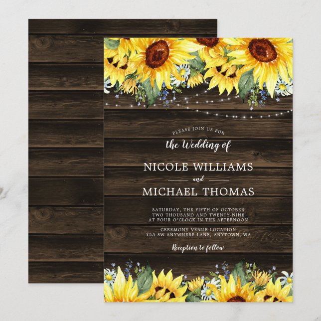 Invitación Boda de Rustic Sunflower Floral String Lights (Anverso / Reverso)