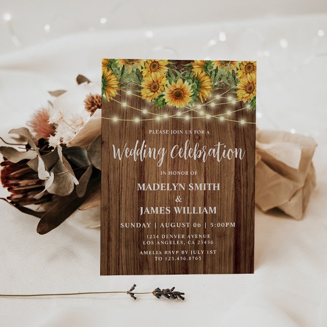 Invitación Boda de Rustic Sunflower String Lights (Subido por el creador)