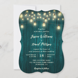Invitación Boda de Rustic Verde azulado Barn Wood String Ligh