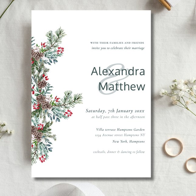 Invitación Boda de Rustic Winter Holly Berries (Rustic Winter Holly Berries Wedding Invitation)