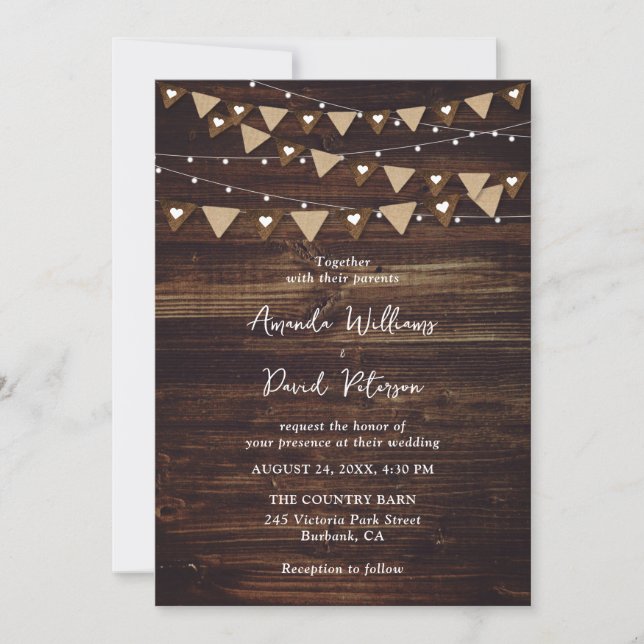 Invitación Boda de Rustic Wood Burlap String Lights (Anverso)
