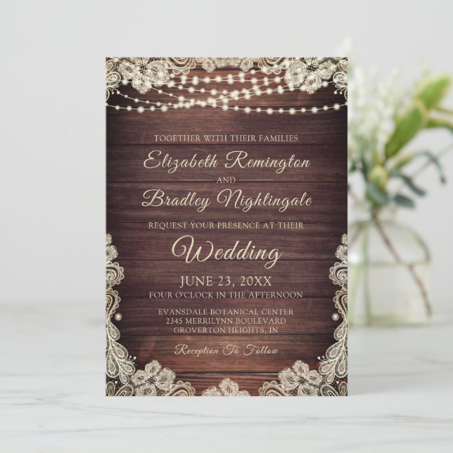 Invitación Boda de Rustic Wood Ivory Lace String L (Anverso de pie)