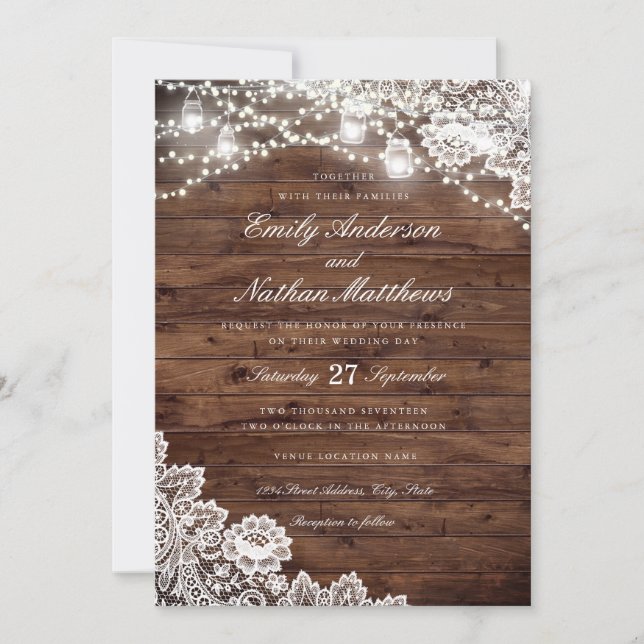 Invitación Boda de Rustic Wood Lace Mason Jar String Lights (Anverso)