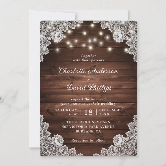 Invitación Boda de Rustic Wood Lace String Lights (Anverso)