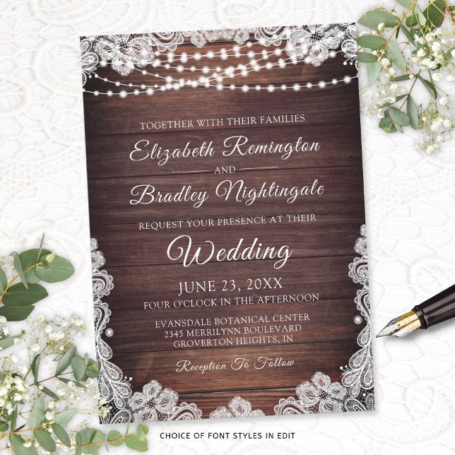 Invitación Boda de Rustic Wood Lace String Lights (Subido por el creador)