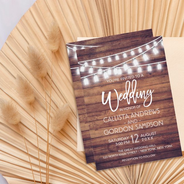 Invitación Boda de Rustic Wood Mason Jar String Lights (Subido por el creador)
