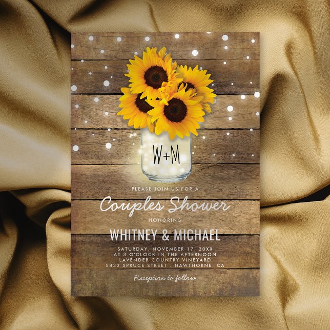 Invitación Boda de Rustic Wood Mason Jar Sunflowers Lights (Subido por el creador)