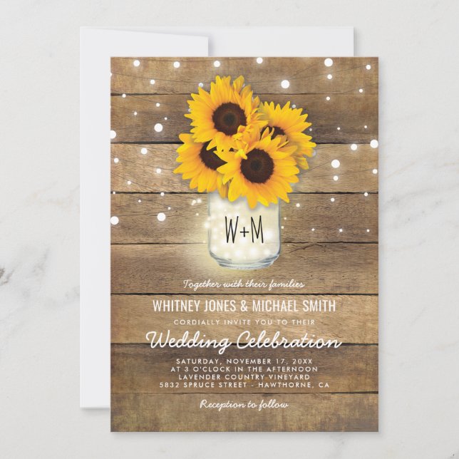 Invitación Boda de Rustic Wood Mason Jar Sunflowers Lights (Anverso)