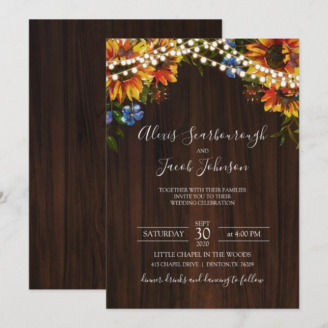 Invitación Boda de Rustic Wood Sunflower String Lights (Anverso / Reverso)