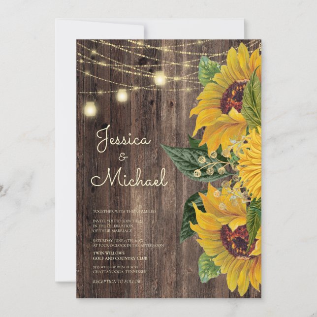 Invitación Boda de Rustic Wood Sunflower String Lights (Anverso)