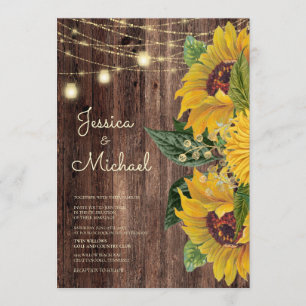 Invitación Boda de Rustic Wood Sunflower String Lights