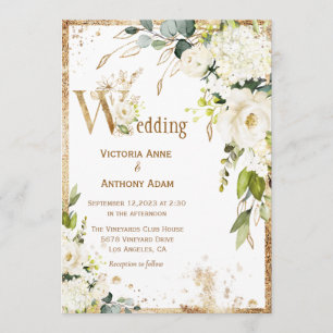 Invitación Boda de Rústica Froral Botánica de Oro Blanco