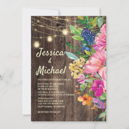 Invitación Boda de Rústica Madera Rosa Azul Floral Floral Flo