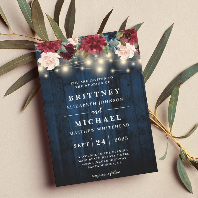 Invitación Boda de Rústica Navy Wood Floral String Lights (Subido por el creador)