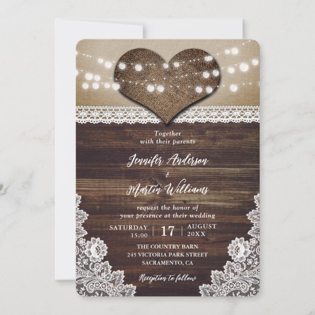 Invitación Boda de Rústico Country Wood Burlap Lace Lights (Anverso)