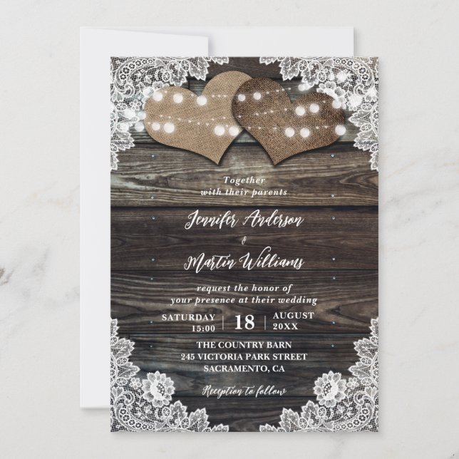 Invitación Boda de Rústico Country Wood Lace String (Anverso)
