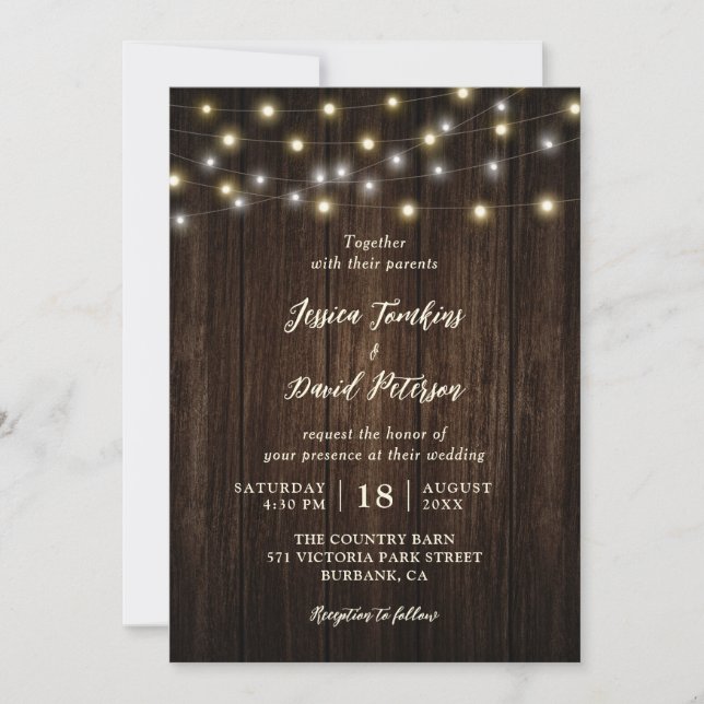 Invitación Boda de Rústico Country Wood String Lights (Anverso)