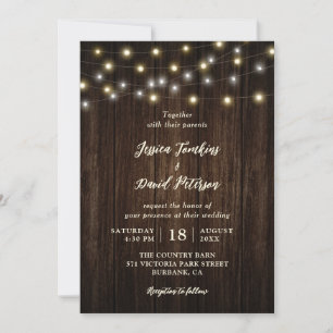 Invitación Boda de Rústico Country Wood String Lights