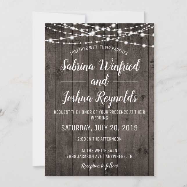 Invitación Boda de Rústico Country Wood String Lights (Anverso)