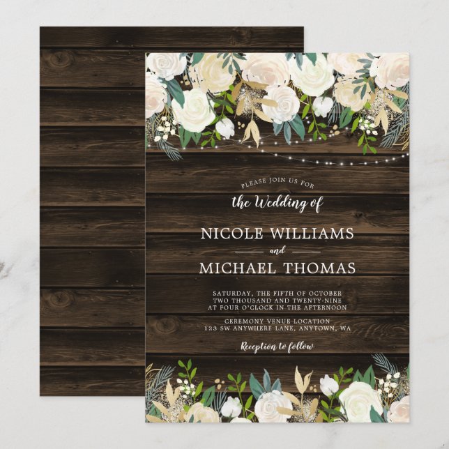 Invitación Boda de Rústico Floral Blanco (Anverso / Reverso)