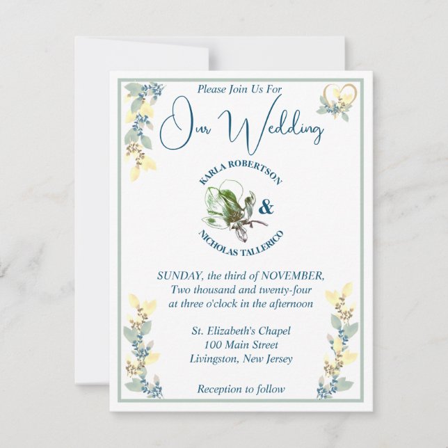 Invitación Boda de sabios, amarillos y florales blancos (Anverso)