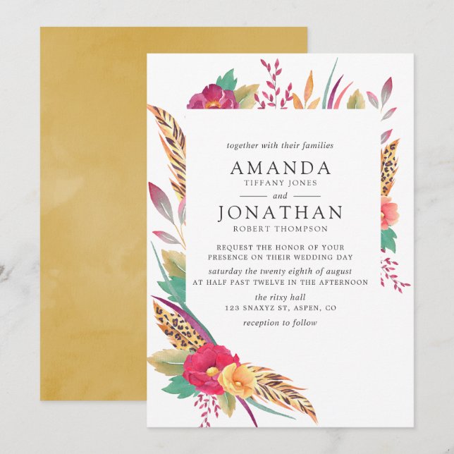 Invitación Boda de safari acuarela floral (Anverso / Reverso)