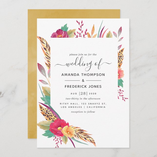 Invitación Boda de safari acuarela floral (Anverso / Reverso)