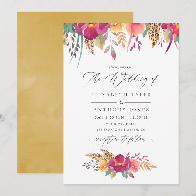 Invitación Boda de safari acuarela floral (Anverso / Reverso)