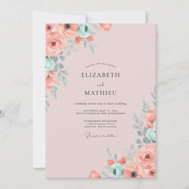 Invitación Boda de salmón menta follaje eucalipto (Anverso)