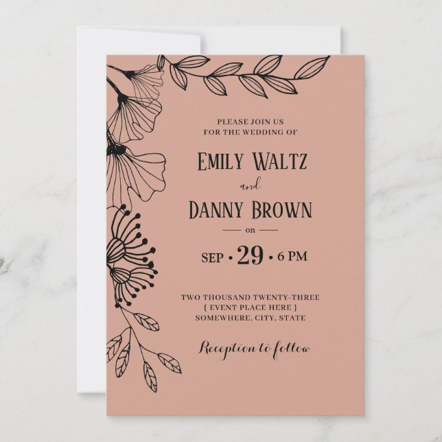 Invitación Boda de Salmon Pink Botánico Simple Doodle Floral (Anverso)